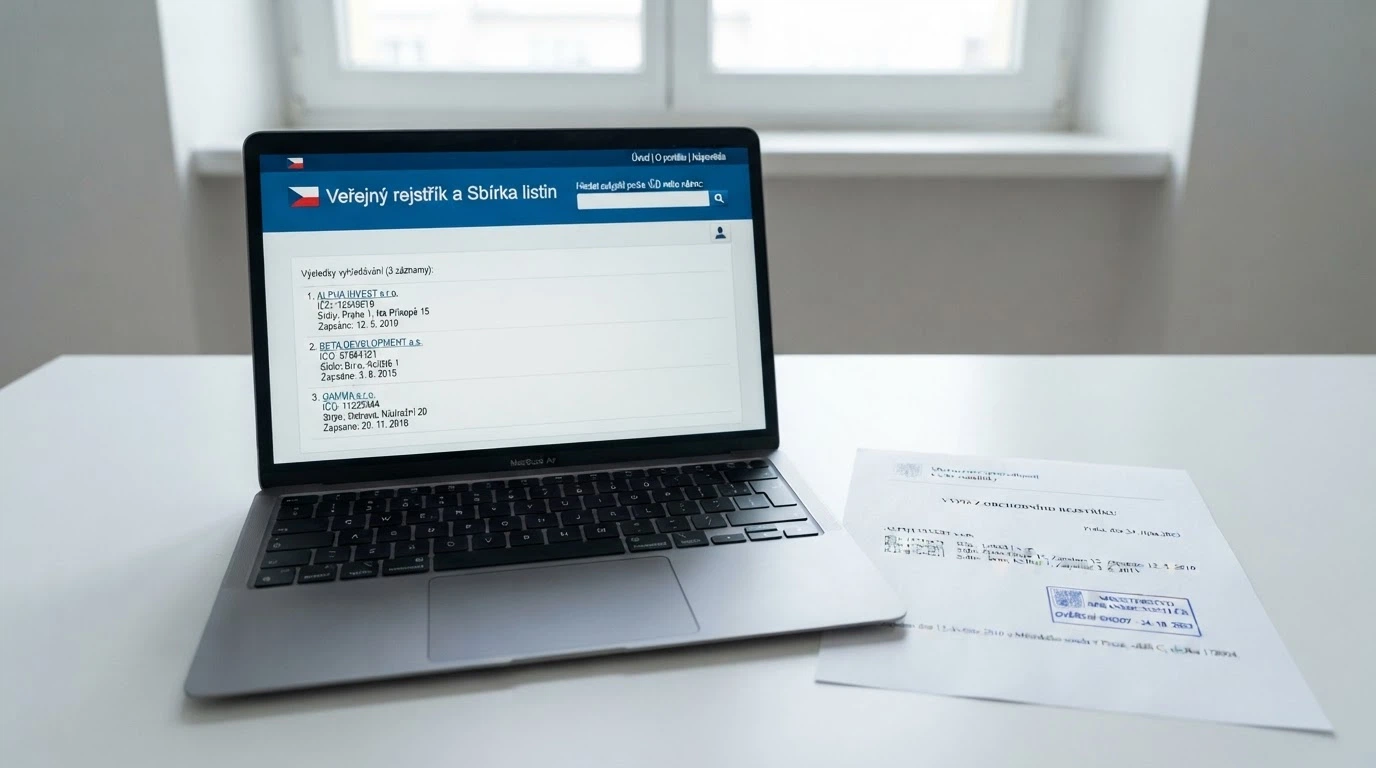 Úřední dokument s razítkem Ministerstva financí ČR položený vedle klávesnice, na monitoru web registru MF ČR