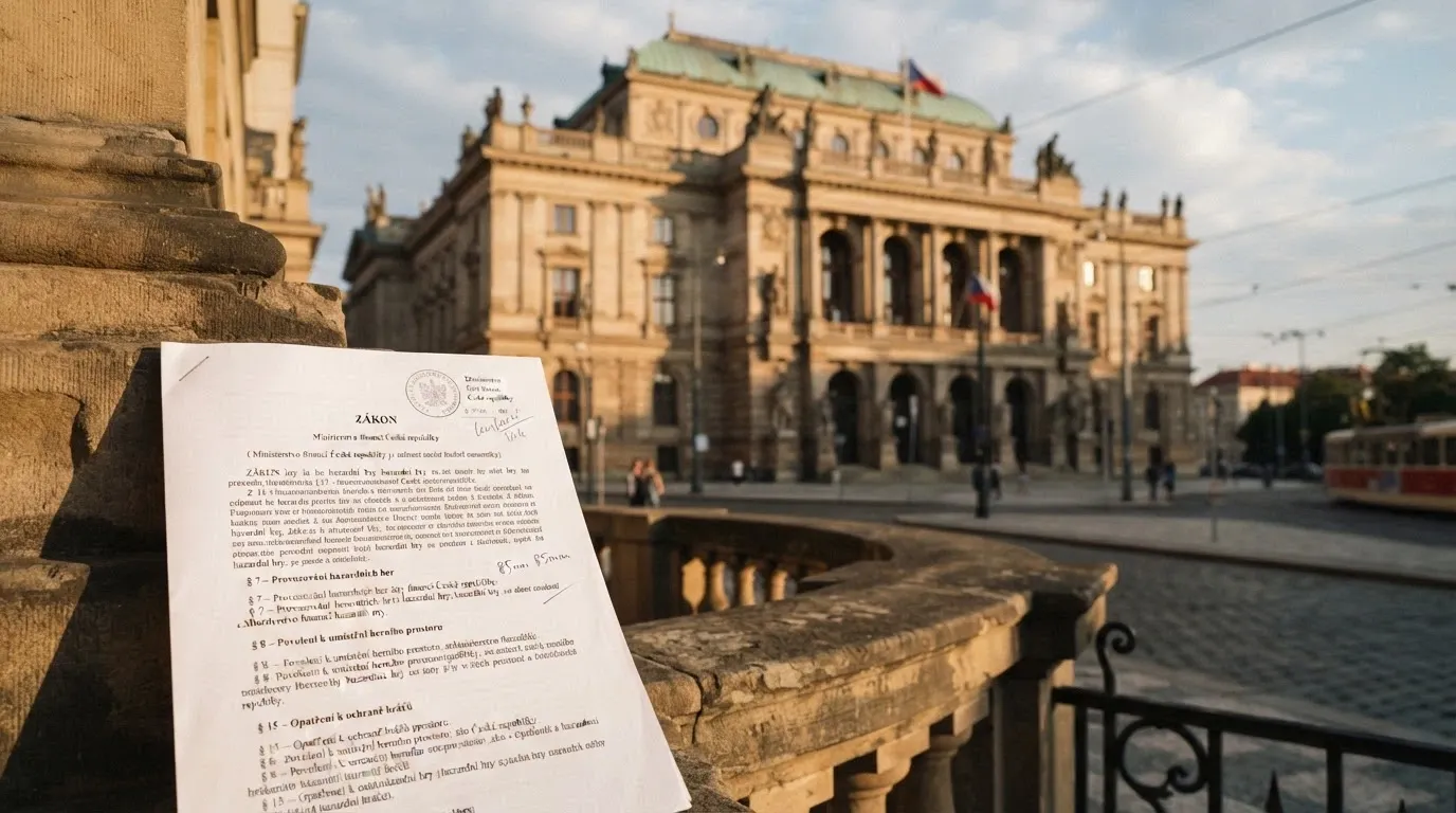 Budova Ministerstva financí ČR s překryvným textem paragrafů zákona o hazardních hrách
