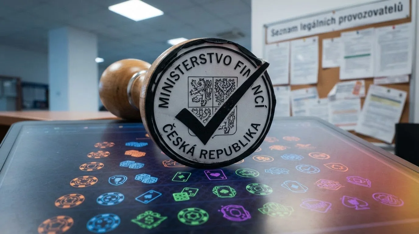 Úřední razítko Ministerstva financí ČR překrývající obrazovku s logy online casin, v pozadí úřední deska s nápisem Seznam legálních provozovatelů