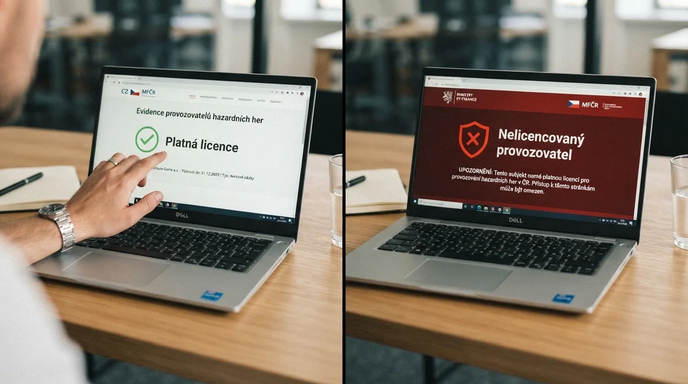 Dokument s úředním razítkem vedle varovné obrazovky nelicencovaného webu