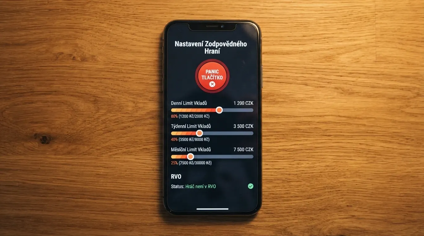 Rozhraní nastavení herních limitů — posuvníky pro denní / týdenní / měsíční limit vkladů, vedle ikona panic buttonu a nápis RVO