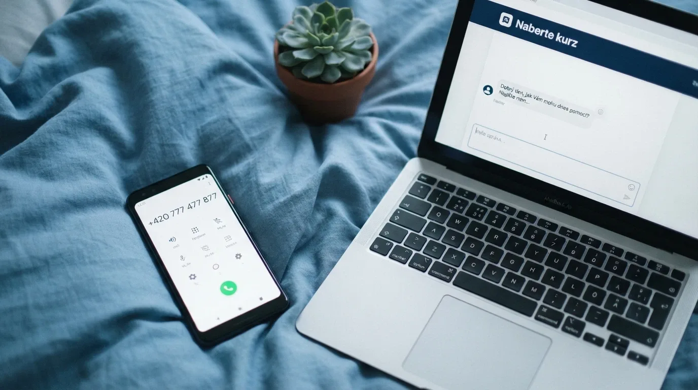 Telefon s vytočeným číslem +420 777 477 877 vedle otevřené webové stránky nabertekurz.cz s chatovacím oknem, v pozadí tlumené modré osvětlení