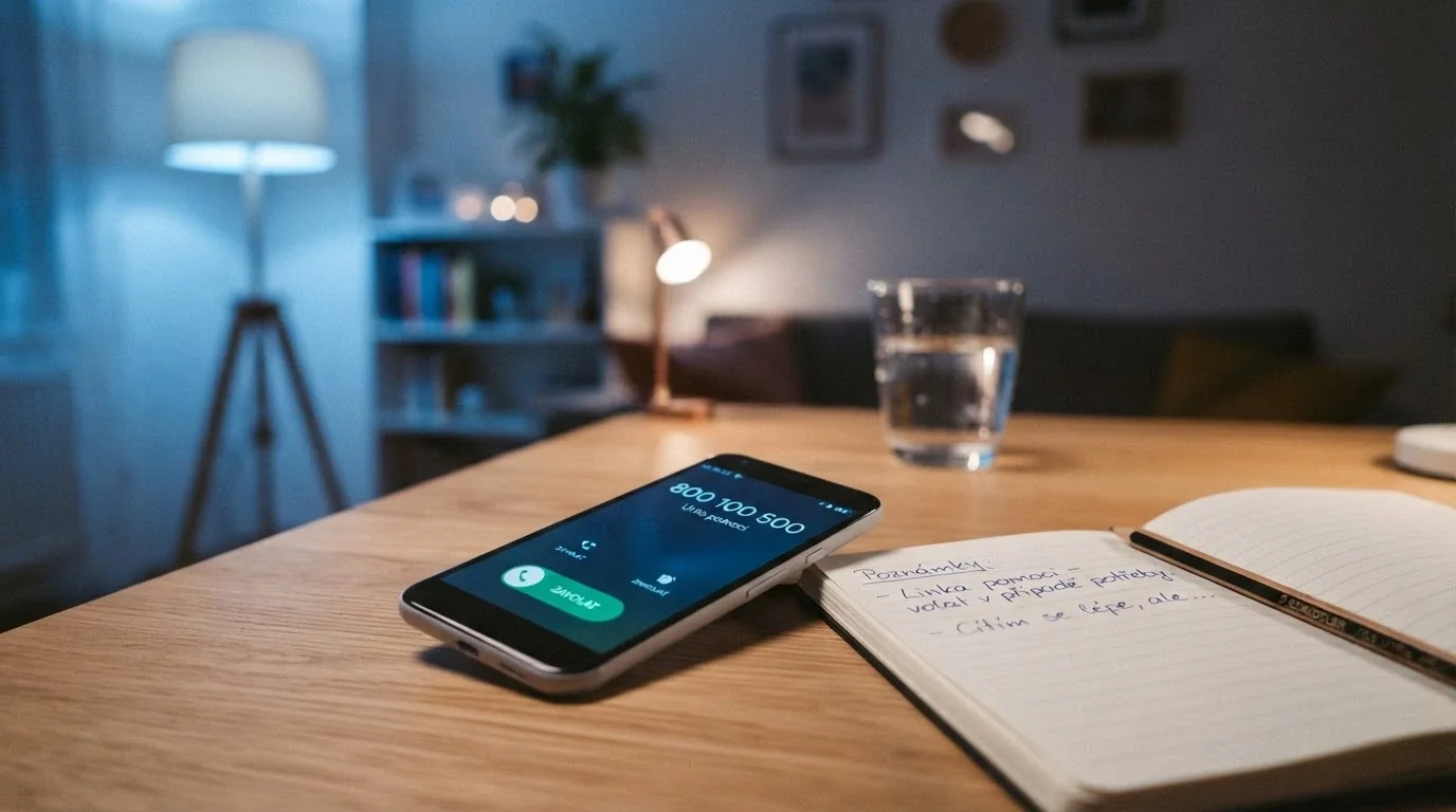 Telefon na stole s vytočeným číslem linky pomoci, vedle zápisník s poznámkami, v pozadí uklidňující modré světlo
