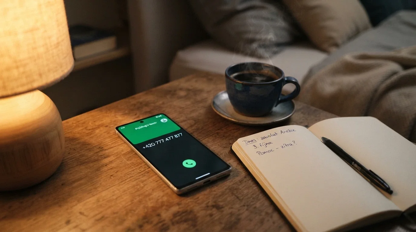 Telefon s vytočeným číslem linky pomoci na displeji, vedle něj zápisník s poznámkami a šálek kávy — neformální scéna podpory