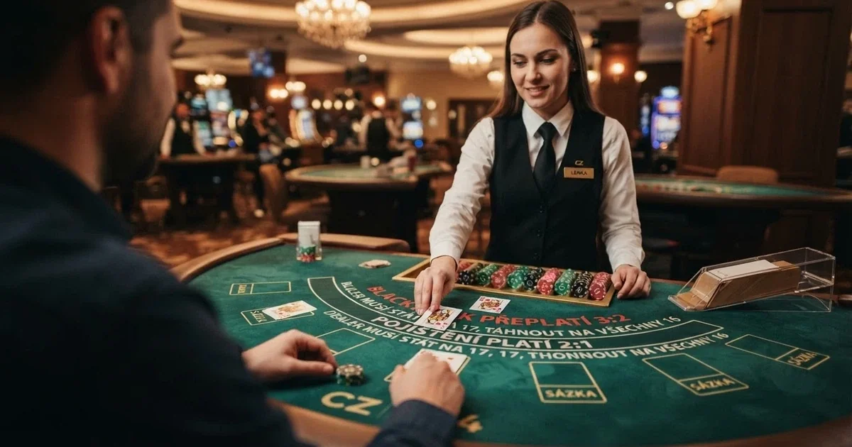 Živý blackjackový stůl s krupiérem, zeleným plátnem a českým hráčským rozhraním na monitoru