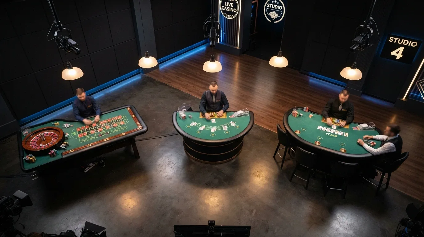 Rozložení živých stolů — ruleta, blackjack a poker v jednom studiu