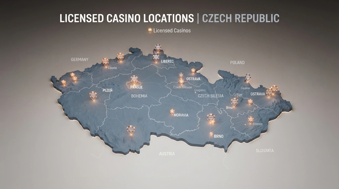 Stylizovaná mapa České republiky s vyznačenými logy licencovaných online casin
