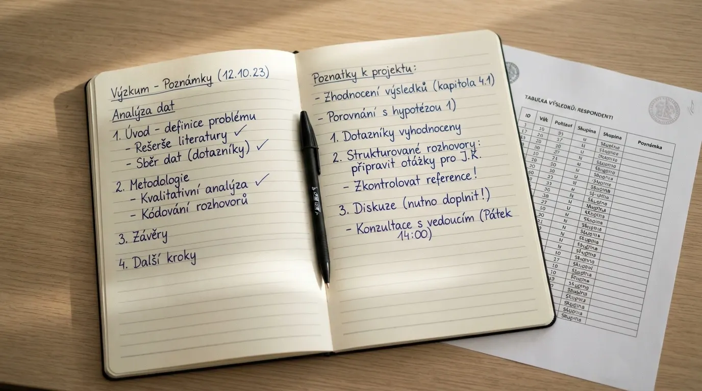 Otevřený notes s ručně psanými poznámkami, vedle něj propiska a výpis z registru MF ČR
