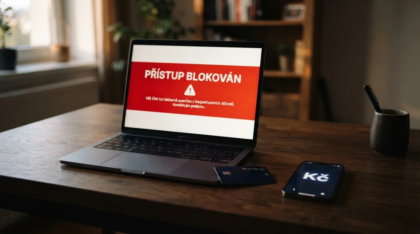 Úřední dokument s hlavičkou Ministerstva financí ČR a razítkem, vedle něj přeškrtnutá obrazovka s nápisem „přístup blokován“ — kontrast legálního a nepovoleného provozu