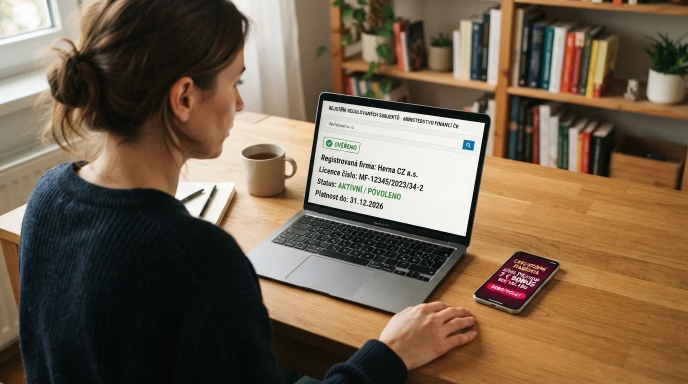 Rozcestník — vlevo úřední dokument s logem MFČR, vpravo anonymní web se 7€ nabídkou bez loga regulátora, mezi nimi varovný vykřičník