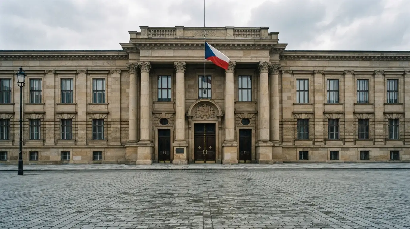 Budova Ministerstva financí ČR s českou vlajkou, v popředí úřední dokument s razítkem