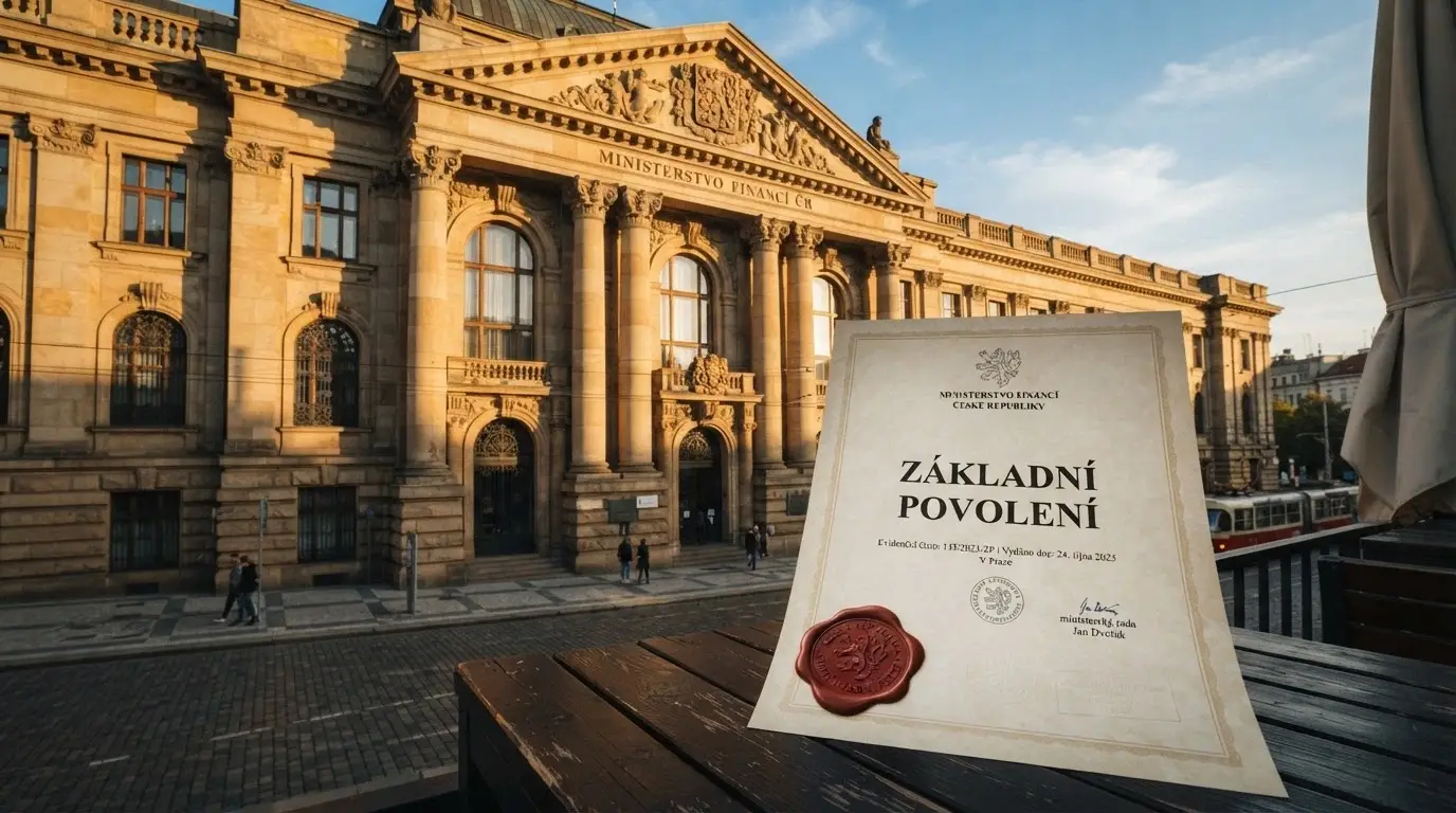 Úřední budova Ministerstva financí ČR v Praze s přeloženou pečetí a textem „základní povolení“ v popředí