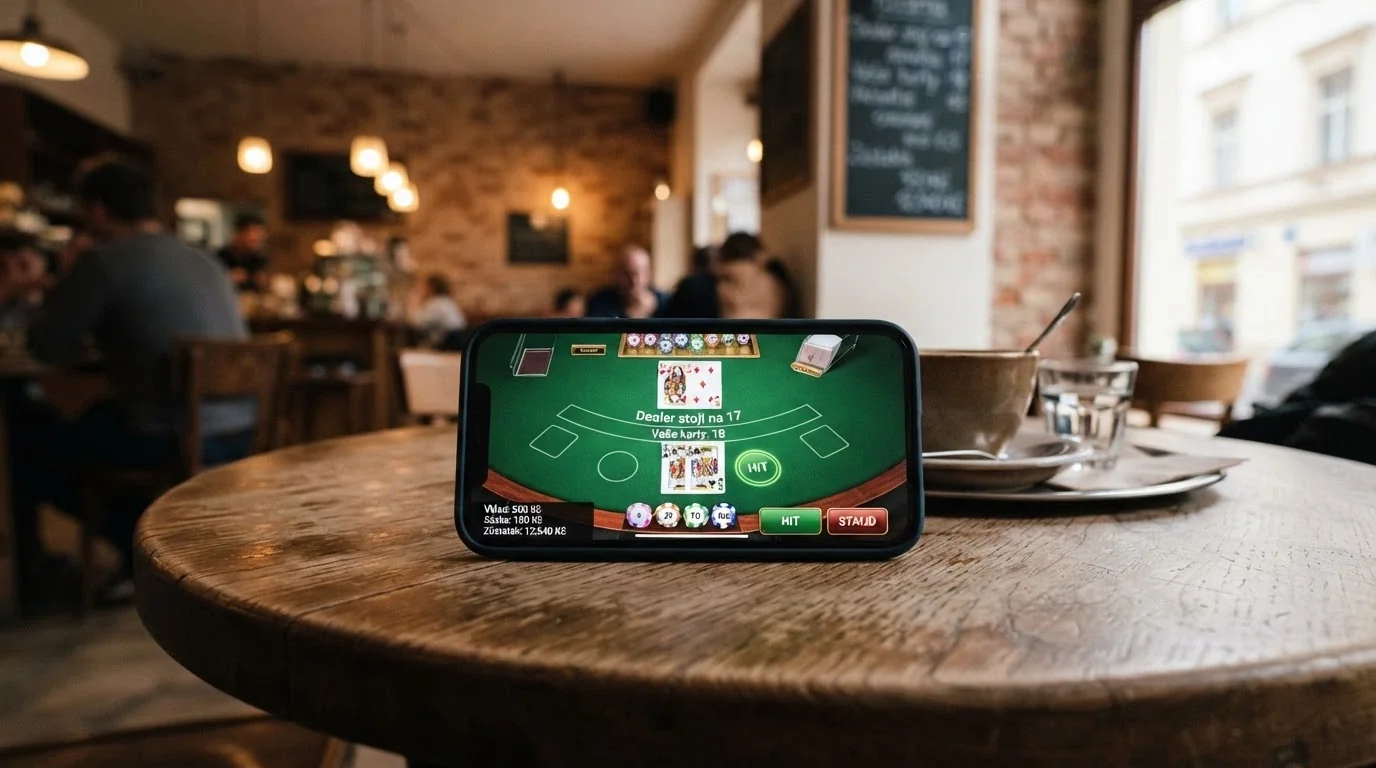 Mobilní telefon na šířku s otevřenou live blackjack hrou, v pozadí rozmazaný interiér české kavárny