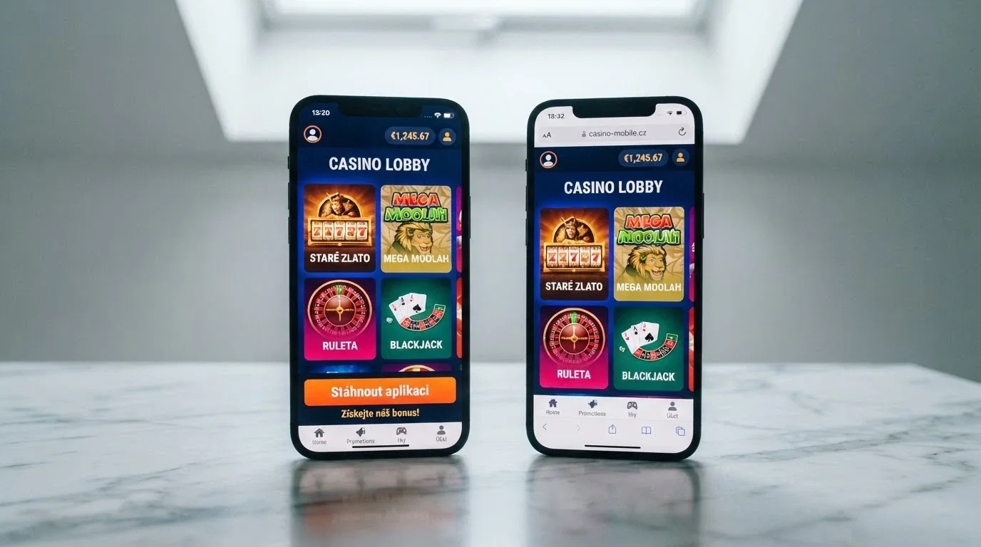 Mobil s otevřenou nativní casino aplikací vedle stejného telefonu s casinem v prohlížeči
