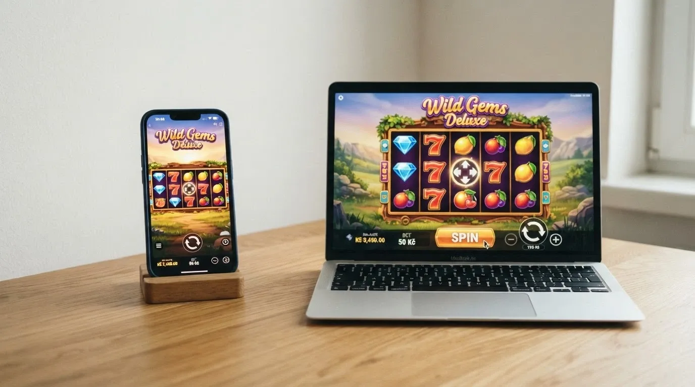Rozdělený pohled — vlevo mobilní telefon s casino hrou, vpravo laptop se stejnou hrou