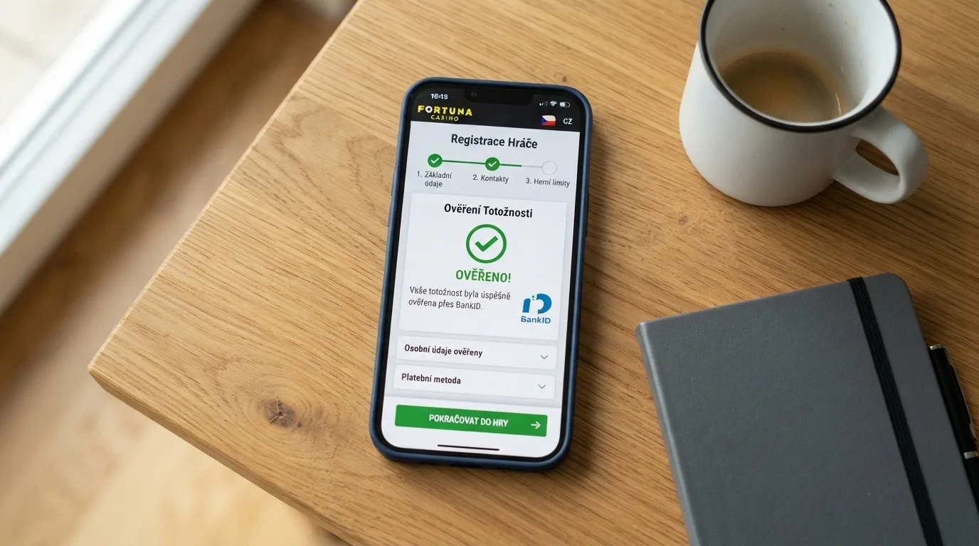 Mobilní telefon zobrazující registrační formulář casina s dokončeným ověřením BankID