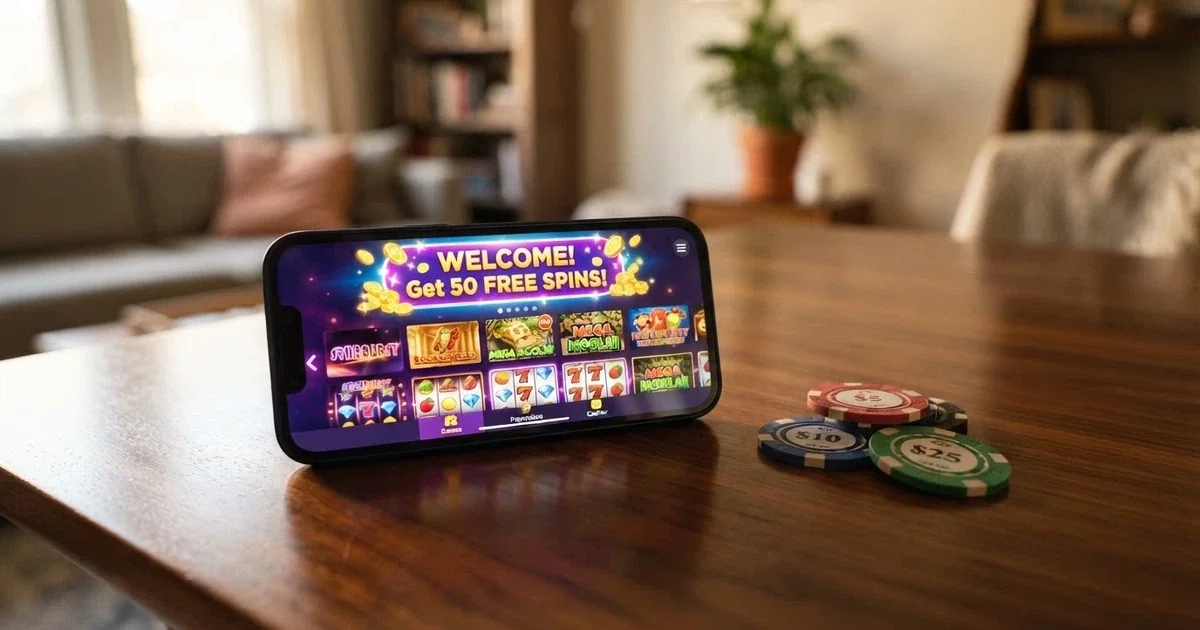 Srovnávací tabulka deseti českých online casin s registračními bonusy, v popředí mobilní telefon zobrazující casino lobby s free spiny
