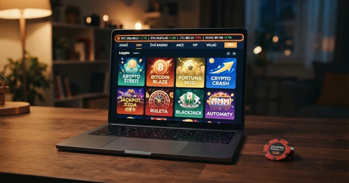 Rozhraní krypto casina s nabídkou her, kurzem bitcoinu a menu v českém jazyce