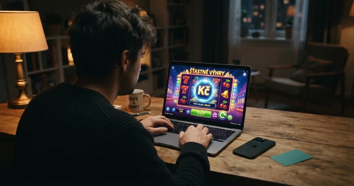 Hráč u notebooku s otevřeným online casinem, na stole leží platební karta a mobil