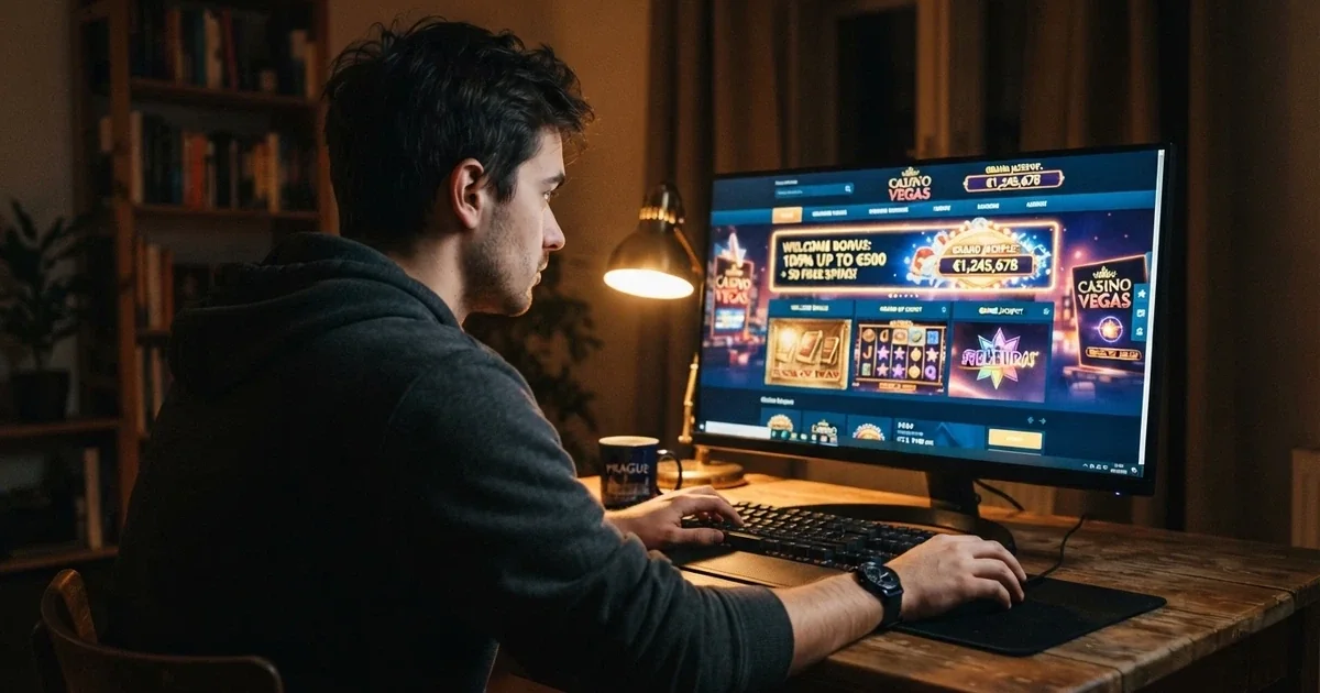 Hráč u počítače vybírá zahraniční online casino na obrazovce s nabídkou bonusů