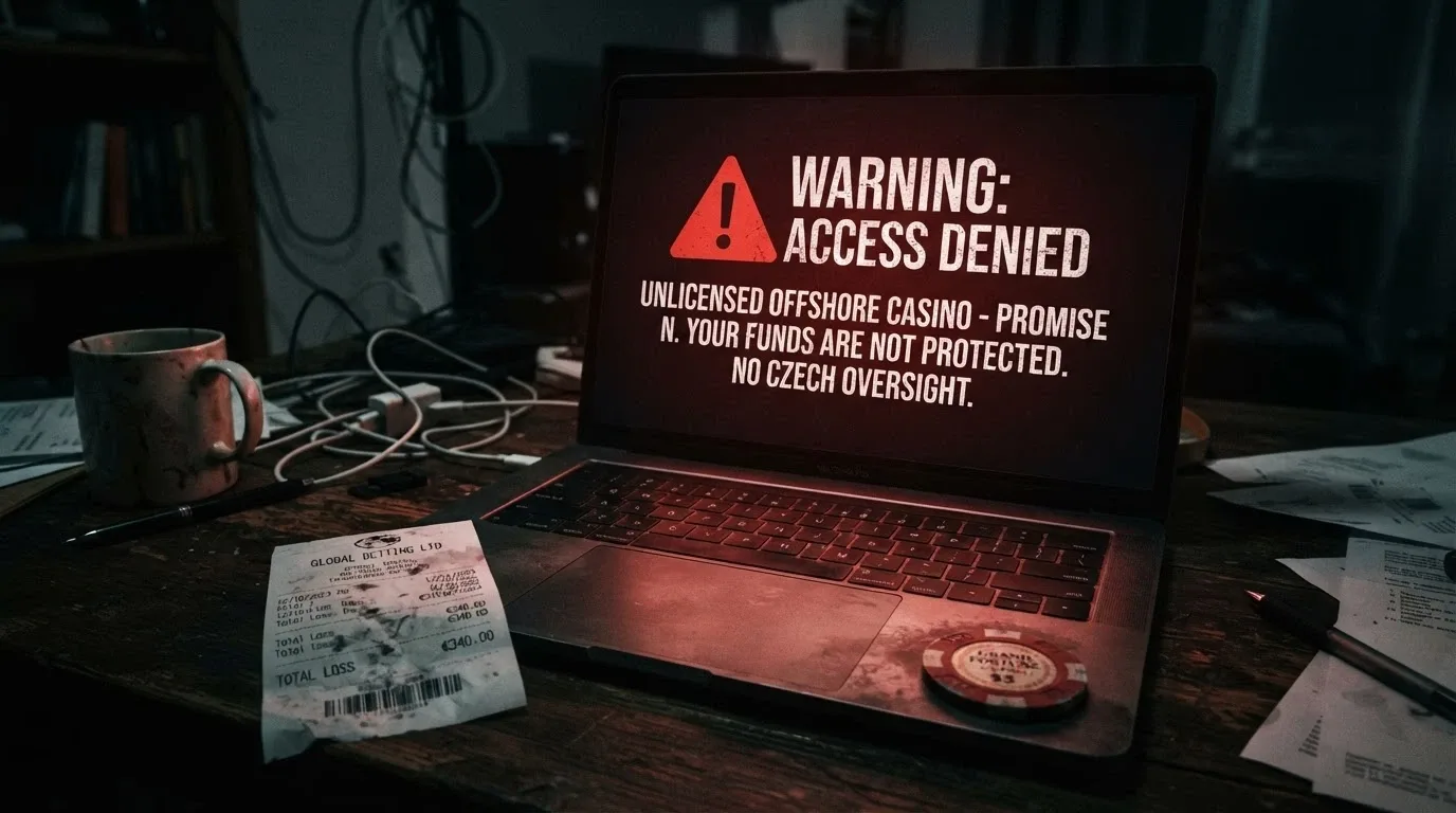 Výstražná ikona na displeji s nápisem v angličtině a logem neznámého operátora, vedle logo Celní správy ČR