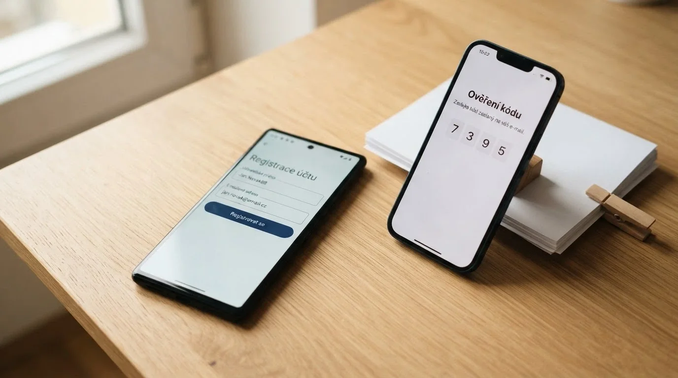 Obrazovka s registračním formulářem NeteraPay a mobilem vedle