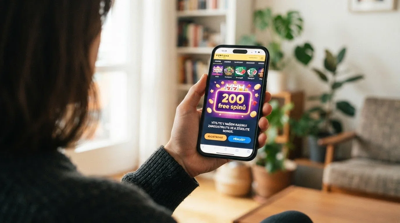 Moderní mobilní rozhraní nového online casina s uvítací nabídkou free spinů na displeji telefonu