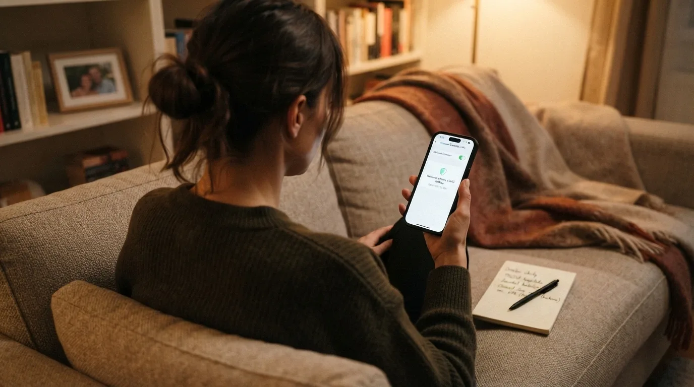 Telefon s vytočeným číslem linky pomoci, vedle ikony sebeomezujících opatření a panic button