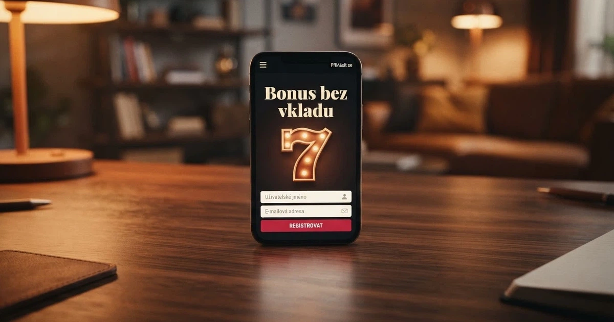 Mobilní telefon zobrazující uvítací stránku online casina se zvýrazněným nápisem „bonus bez vkladu“ a registračním formulářem