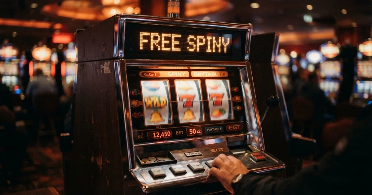 Roztočené válce výherního automatu s nápisem free spiny na displeji