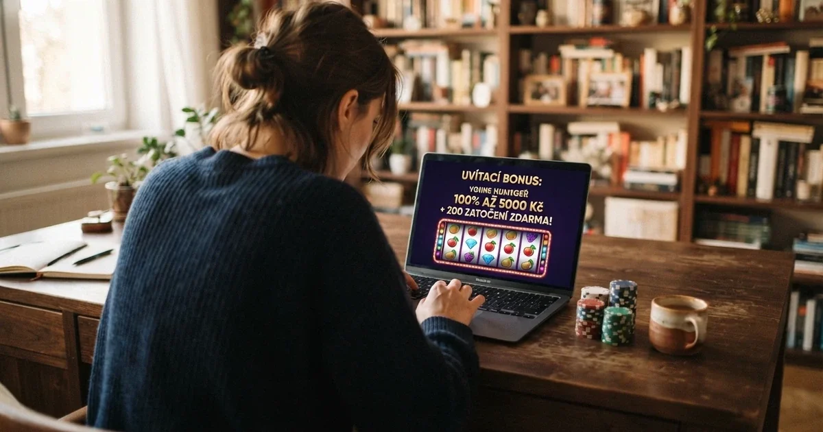 Hráč u notebooku s otevřenou stránkou českého online casina, na obrazovce uvítací bonusová nabídka, vedle notebooku české koruny