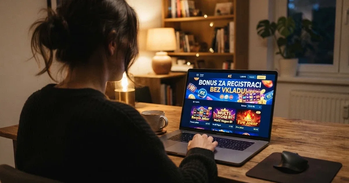 Hráč u notebooku, na obrazovce nápis „bonus za registraci bez vkladu“ a casino lobby s automaty