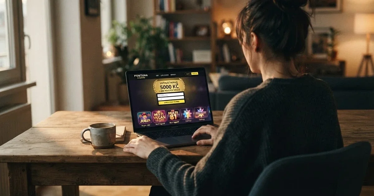 Hráč u notebooku prohlíží nabídku českého online casina s bonusem bez vkladu, na obrazovce je vidět registrační formulář a symboly automatů