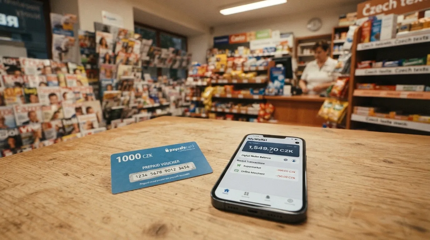 Paysafecard voucher a displej s aplikací Skrill, v pozadí online casino