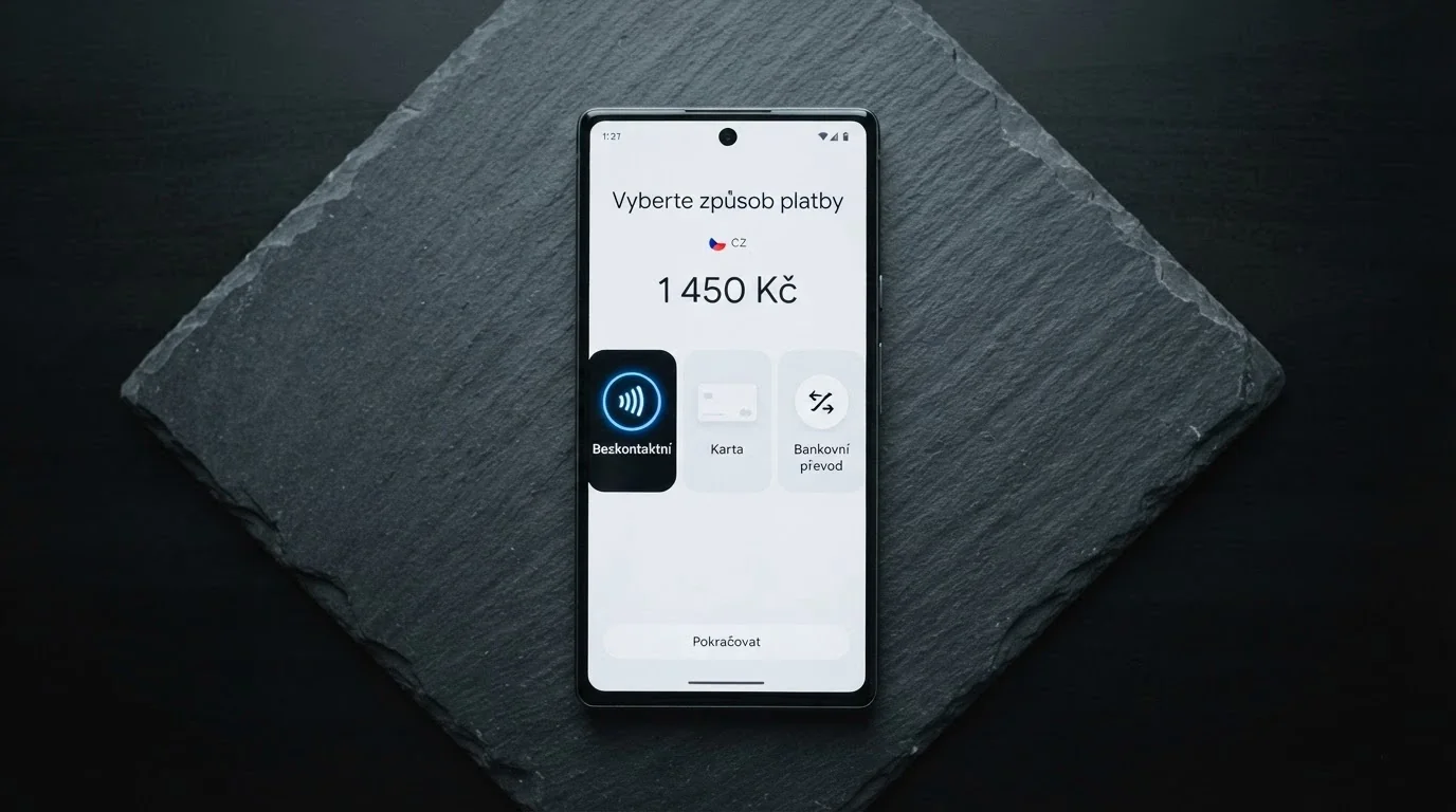 Mobilní telefon s displejem zobrazujícím výběr platební metody — ikony Google Pay, karty, bankovního převodu a Skrill
