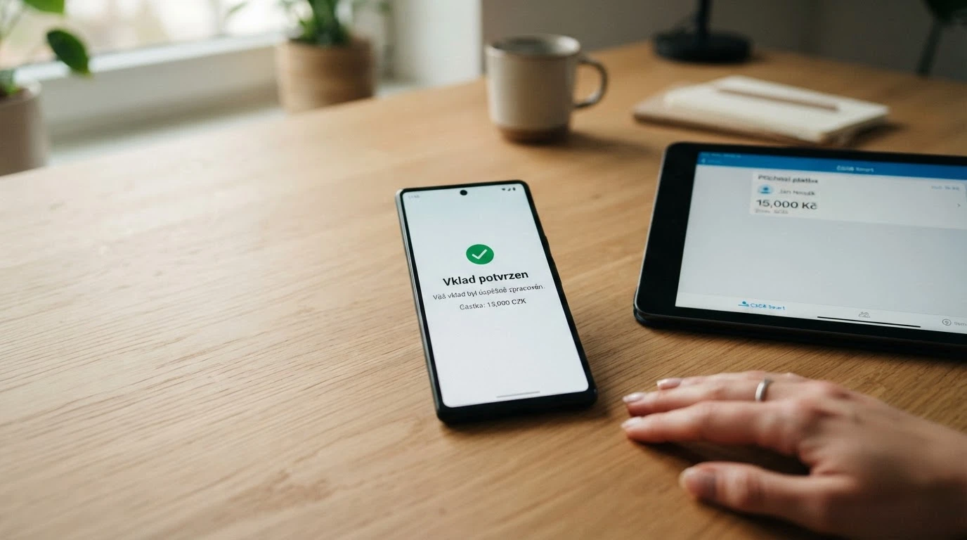 Mobil s otevřenou SMS zprávou o potvrzení vkladu a vedle něj bankovní aplikace s příchozí platbou.