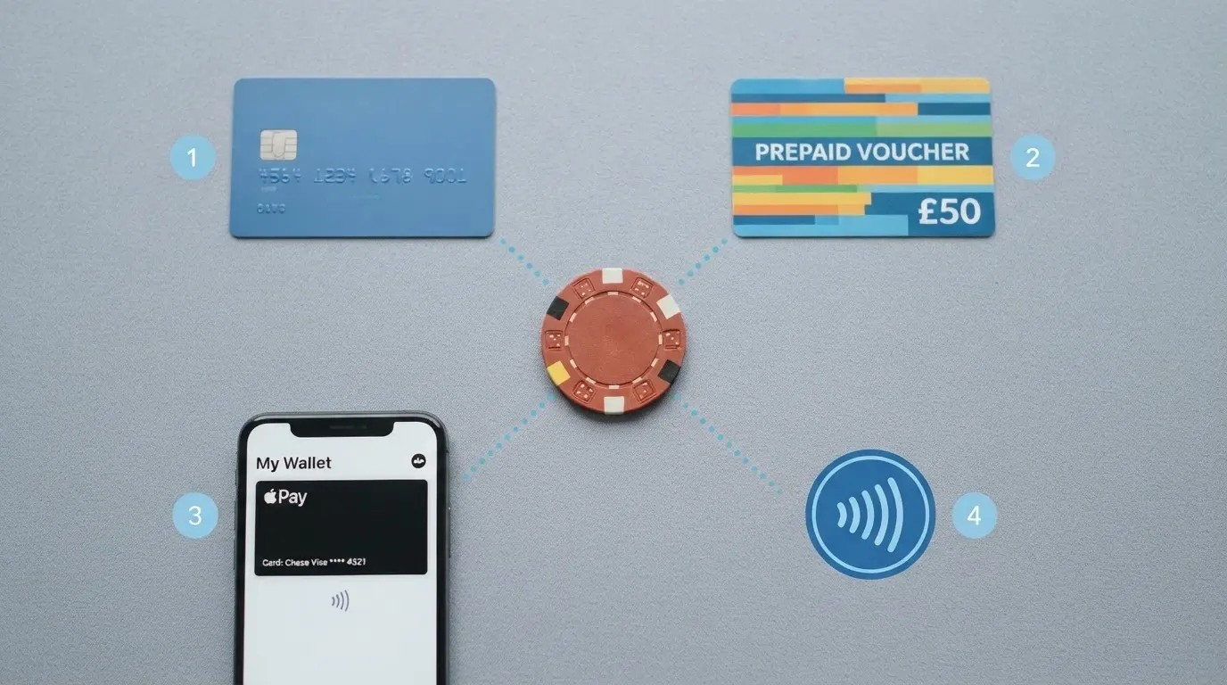 Mozaika platebních metod — platební karta, Paysafecard poukaz, ikony Skrill a PayPal, mobil s Revolut — propojené šipkami k symbolu casina