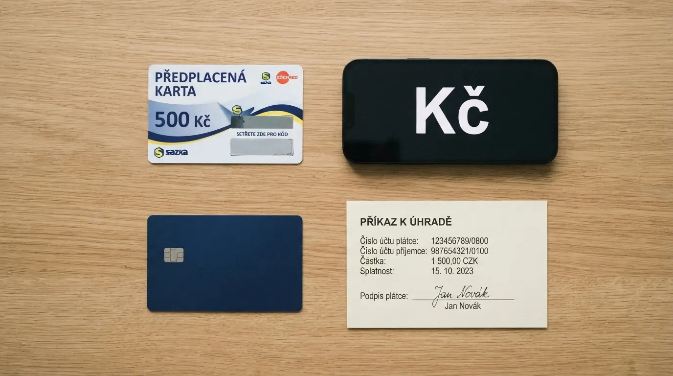 Koláž platebních prostředků — Paysafecard voucher, mobil s SMS platbou, platební karta a bankovní převod