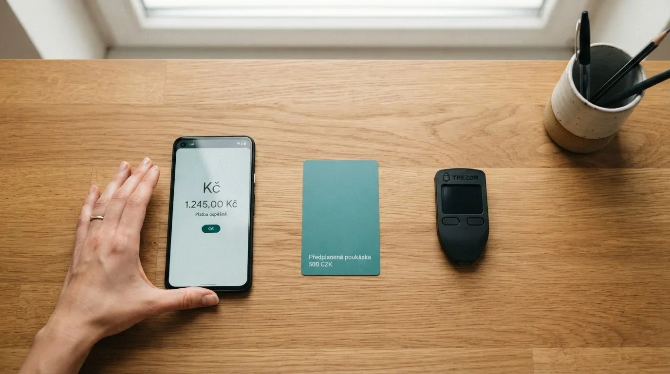 Koláž platebních metod: platební karta, mobil s Paysafecard, kryptoměnová peněženka