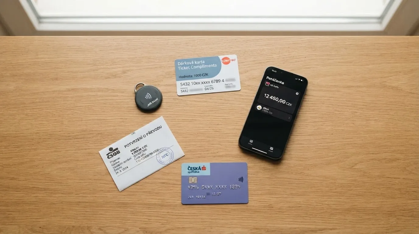 Rozložené platební prostředky na stole — Paysafecard voucher, mobil s Aircash aplikací, platební karta, bankovní převod, Google Pay logo