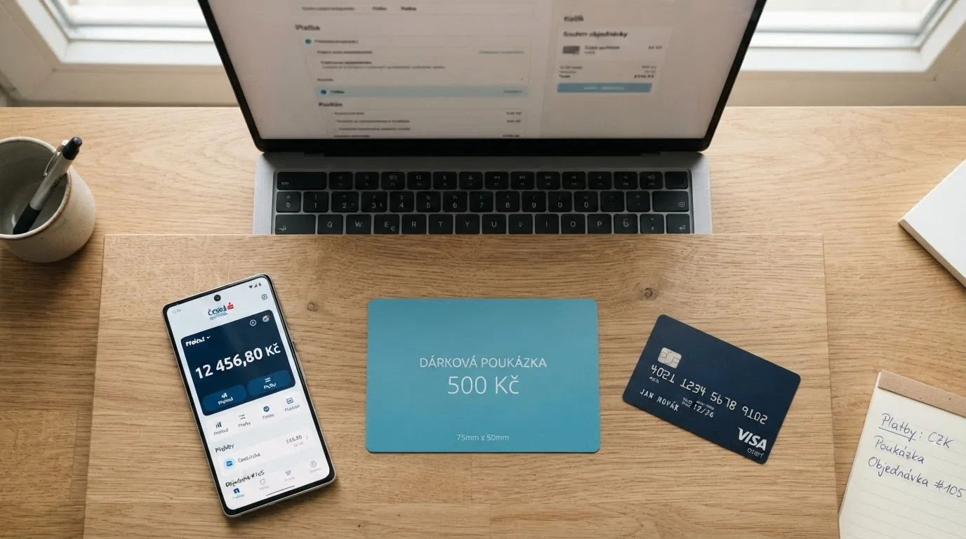 Rozložené platební prostředky — Paysafecard poukaz, platební karta, mobil s aplikací bankovnictví — na stole vedle notebooku s otevřenou pokladnou kasina