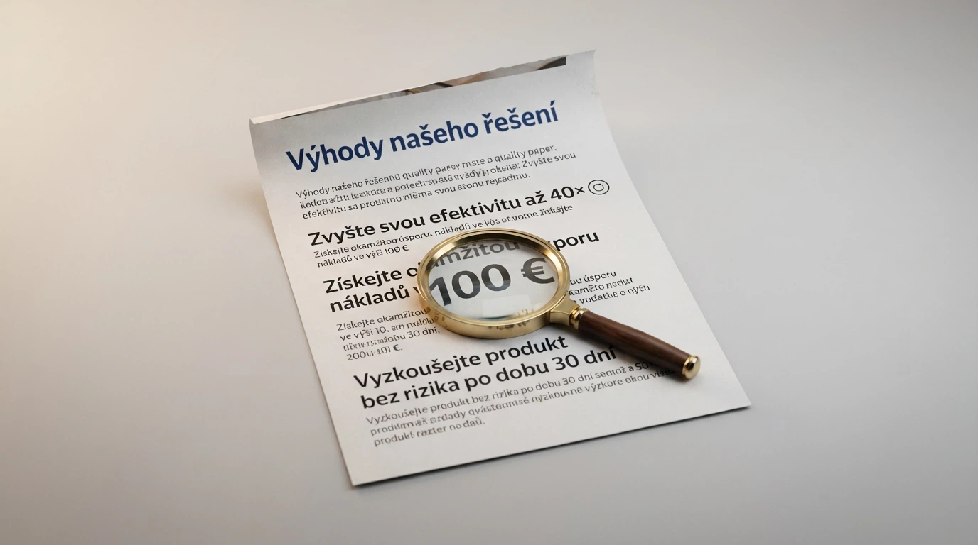 Detailní pohled na podmínky bonusu — papír s textem podmínek, vedle něj lupa na klíčových číslech