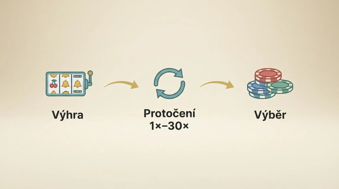 Ilustrativní schéma: výhra z bonusu → proces protočení → reálný výběr, s vyznačením typických násobků