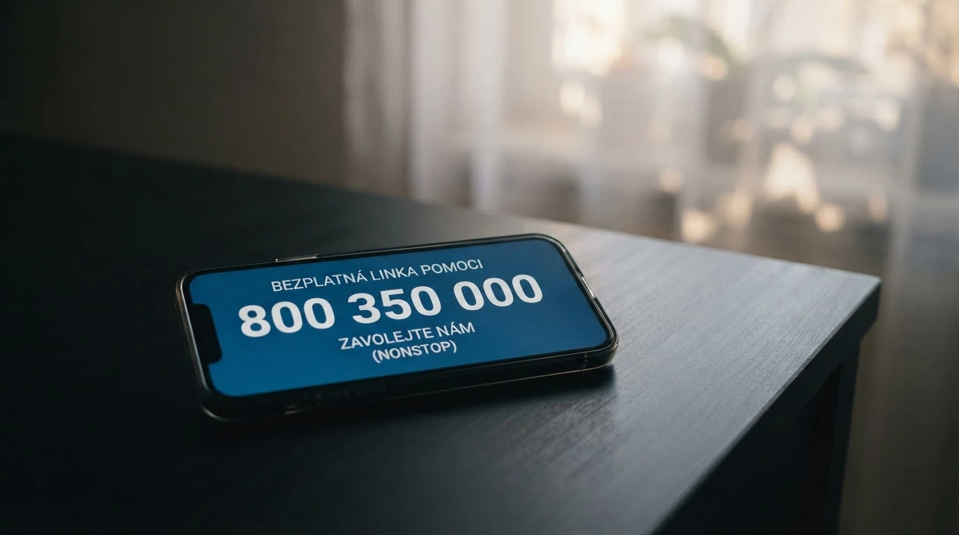 Telefon s vytočeným číslem 800 350 000 na displeji, v pozadí logo Národní linky pro odvykání hazardnímu hraní