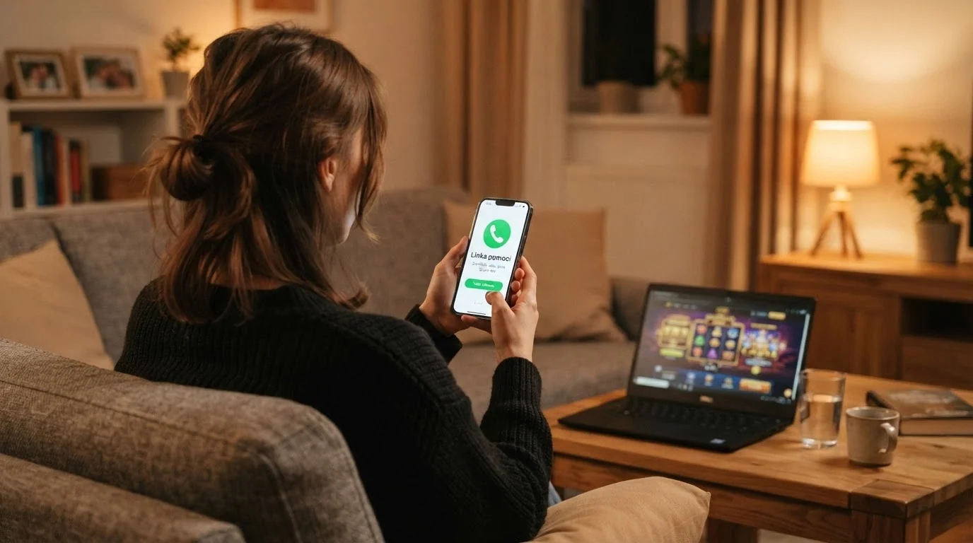 Telefon s vytočeným číslem linky pomoci, vedle něj otevřený web s kontakty na adiktologické služby