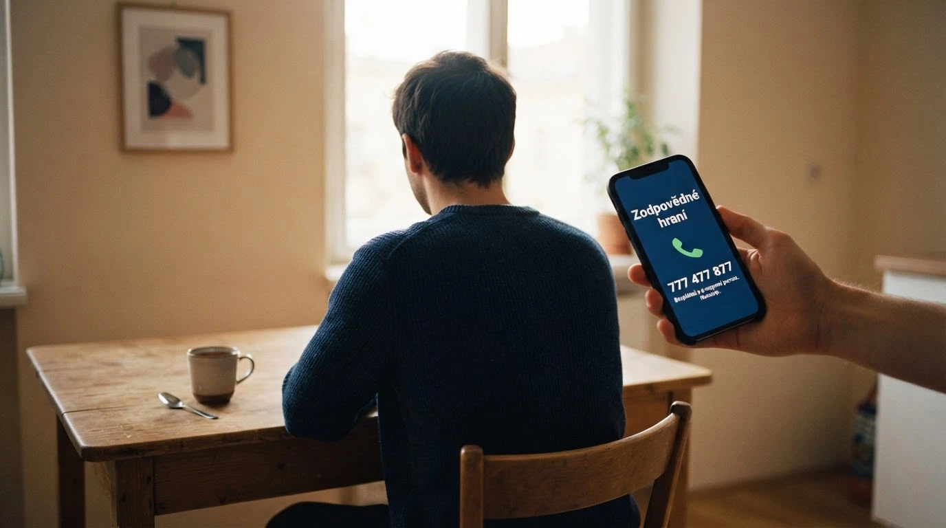 Telefon s otevřeným kontaktem na linku důvěry, v pozadí logo Projektu Zodpovědné hraní