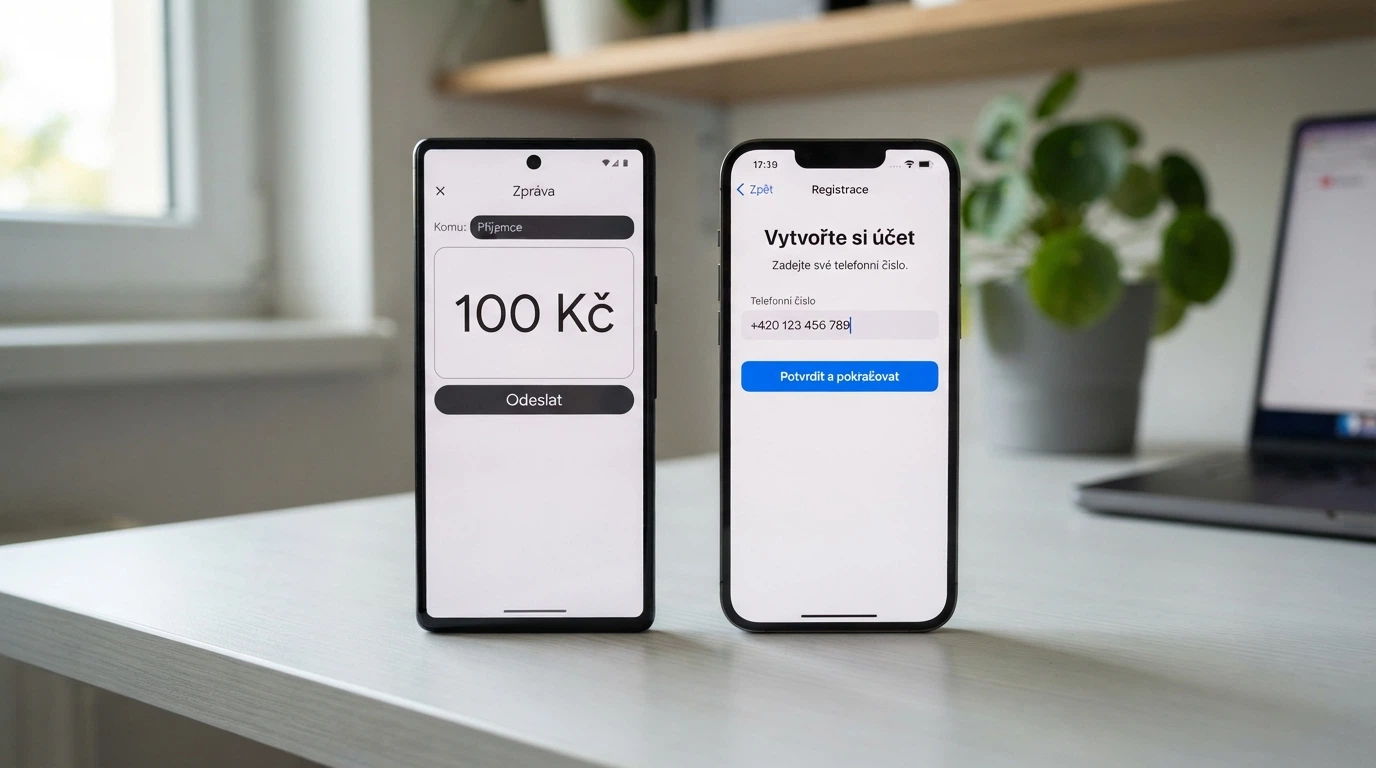 Dva mobily vedle sebe — jeden s odeslanou SMS na číslo operátora, druhý s aplikací NeteraPay