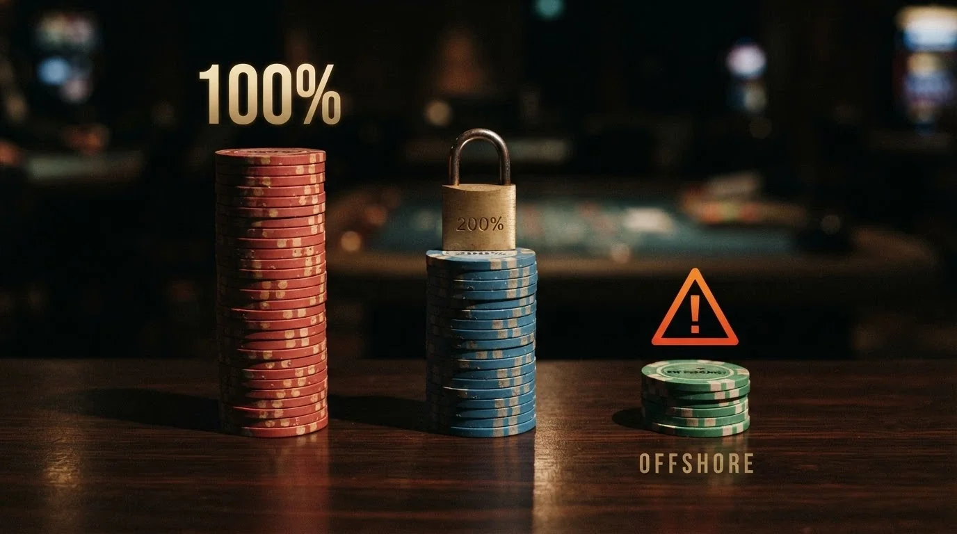 Tři sloupce mincí — první (100%) plný, druhý (200%) poloprázdný s visacím zámkem, třetí (500%) s výstražným trojúhelníkem a nápisem „offshore“