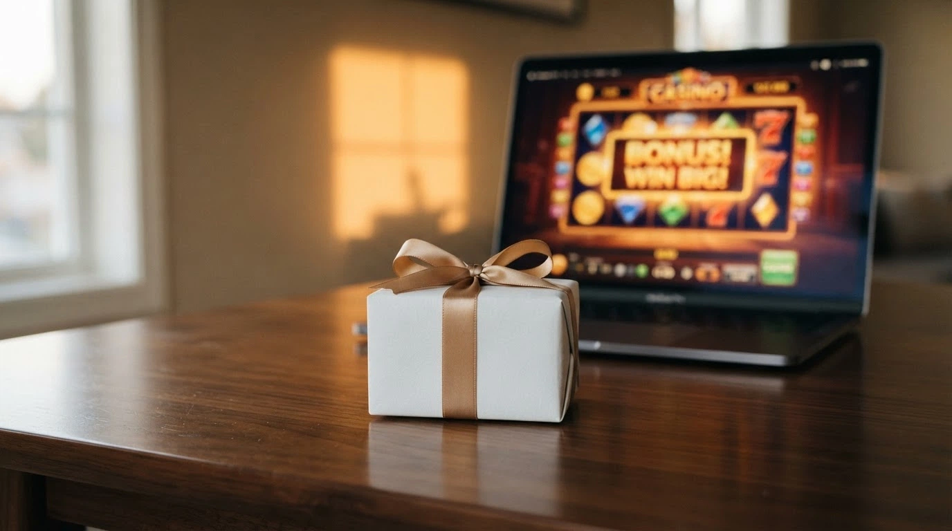 Symbolický dárek s nápisem bonus zdarma před pozadím virtuálního kasina