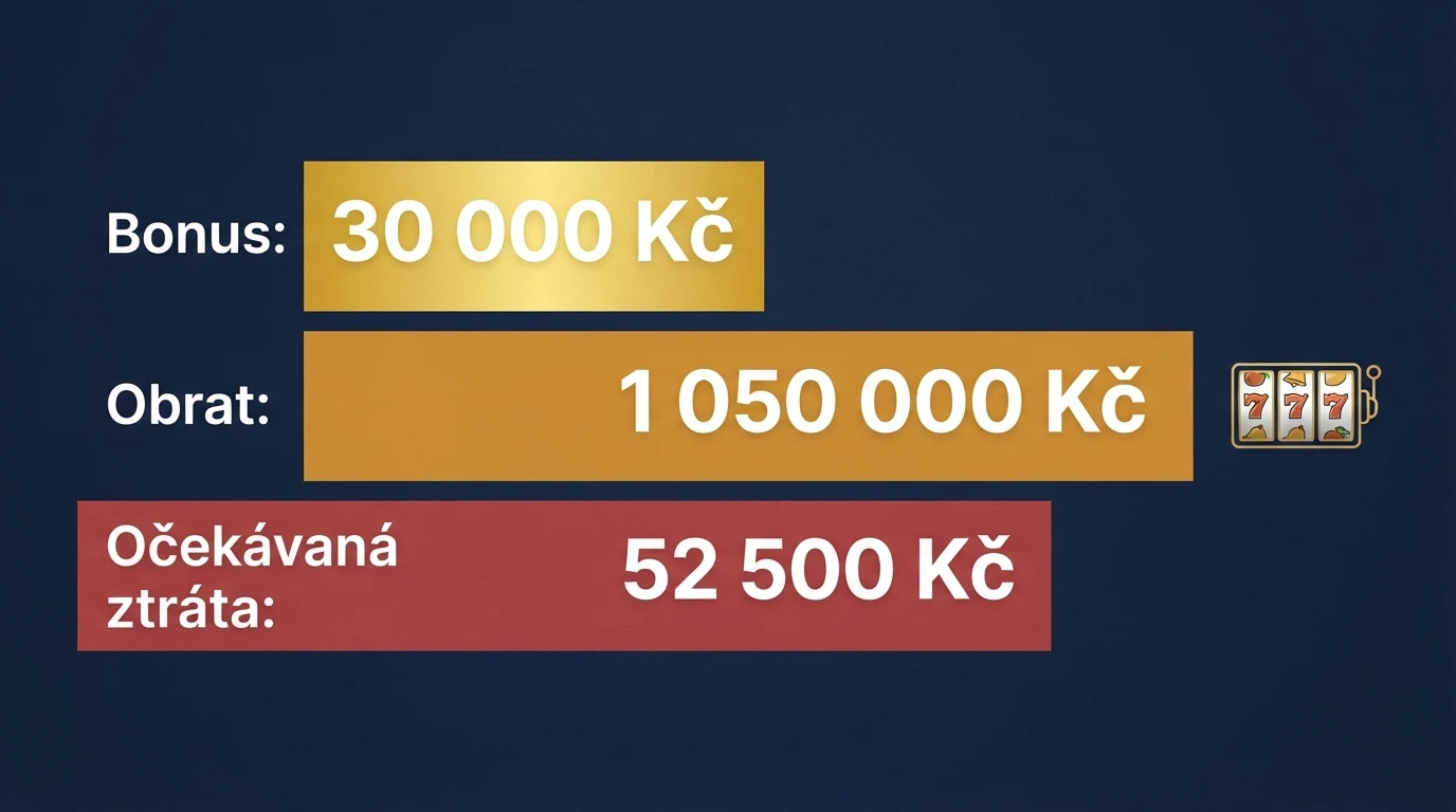 Roztočený automat s průhledným překryvem čísel — 30 000 Kč × 35 = 1 050 000 Kč obratu, pod tím text „očekávaná ztráta:“ a číslo